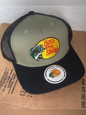 Bass pro shop Quality Embroidery logo, Olive Front Black Mesh Trucker Hat